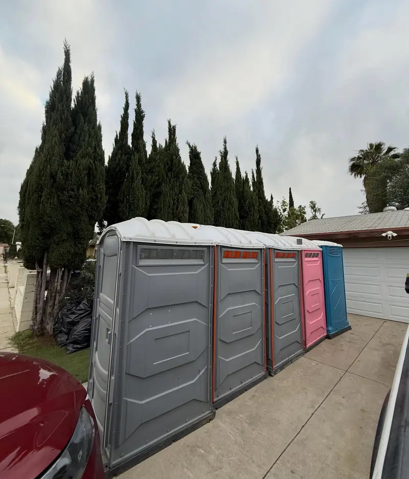 Several porta potties lined up along a residential driveway