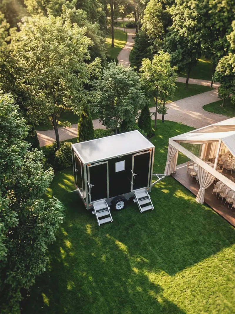 Aerial view of a restroom trailer parked on a lawn beside a garden wedding tent
